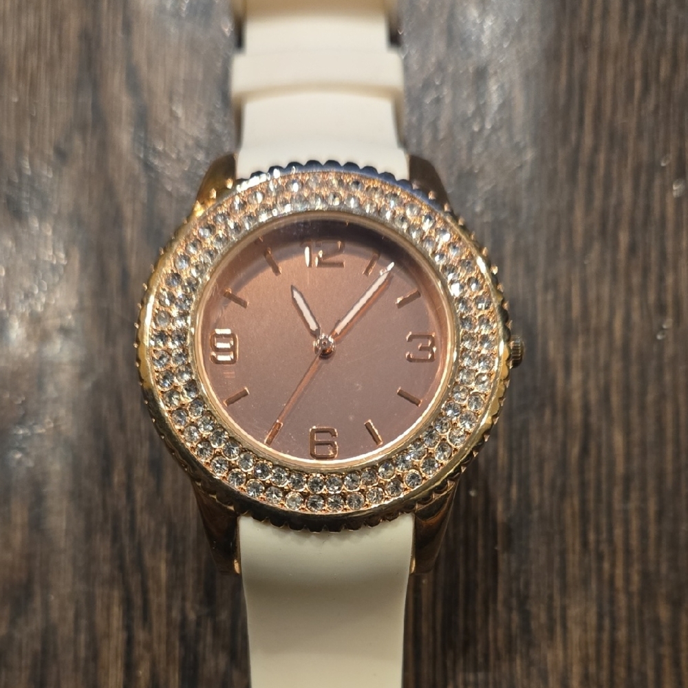 Rose Gold and White Watch with Crystal Bezel